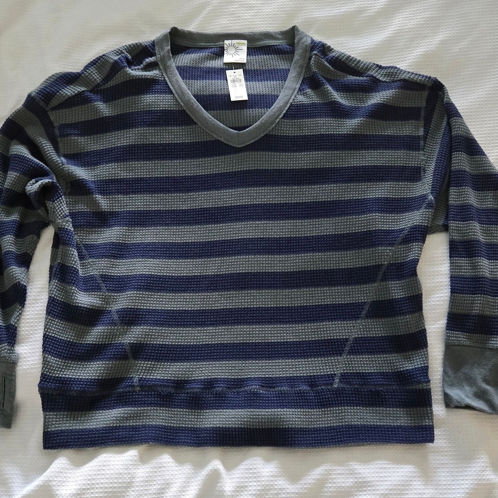 NWT Aerie offline Thermal Stripe Long Sleeve V Neck Top‎ M Blue Gray